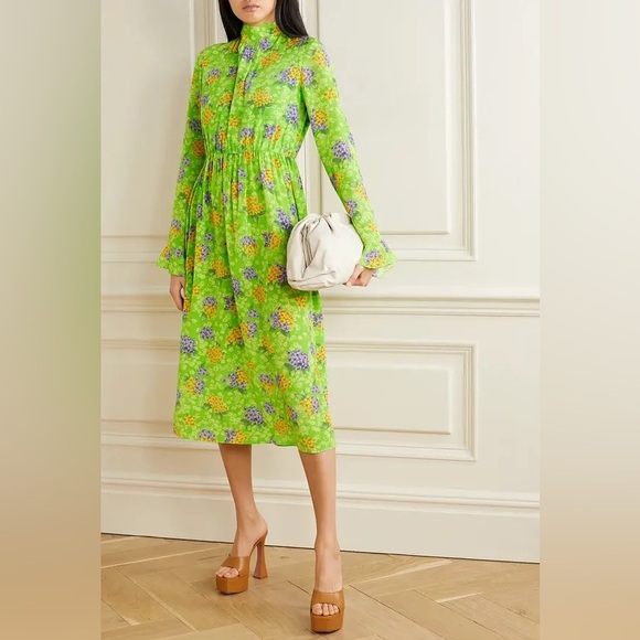 Les Rêveries Dresses & Skirts - Les Rêveries Green Floral Silk Tie-Back Midi Dress Size 8